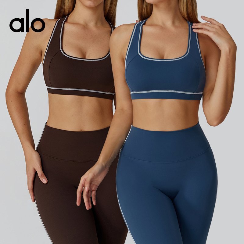 Alo sports bra training brown blue cream yoga