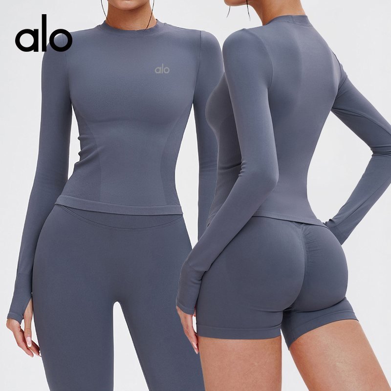 Alo long sleeve studio blue-gray and pale yellow yoga
