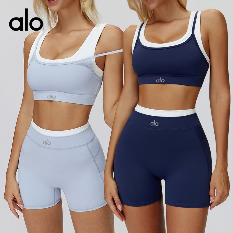 Alo sports bra yoga light blue navy and light green