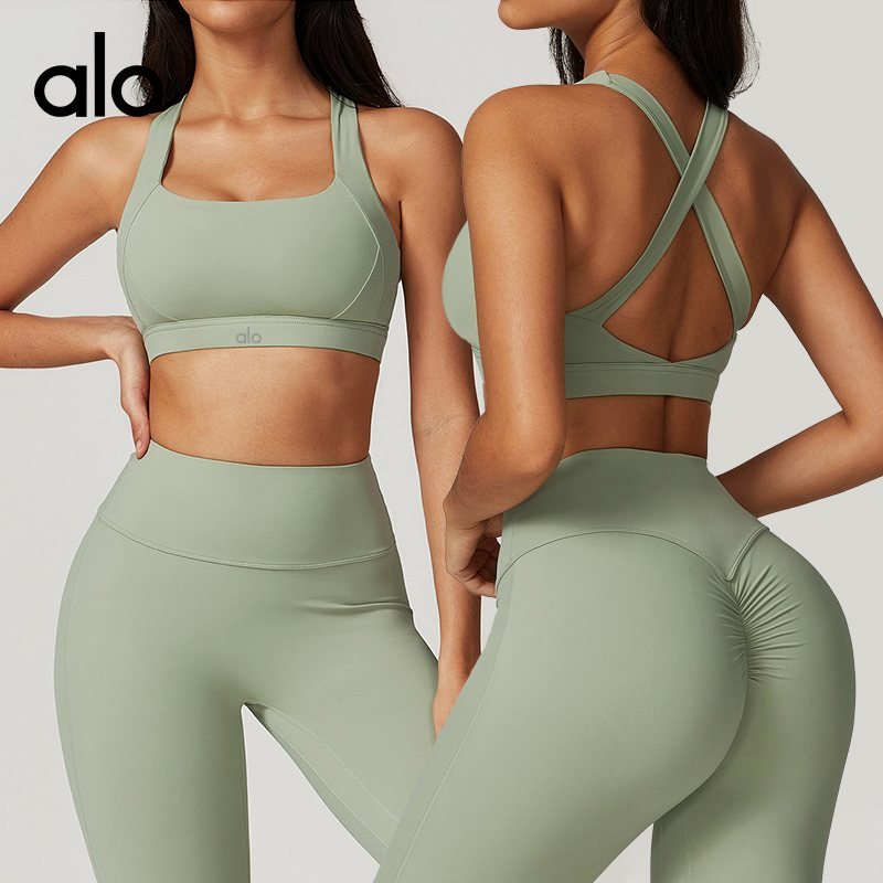 Alo sports bra yoga sage green and magenta