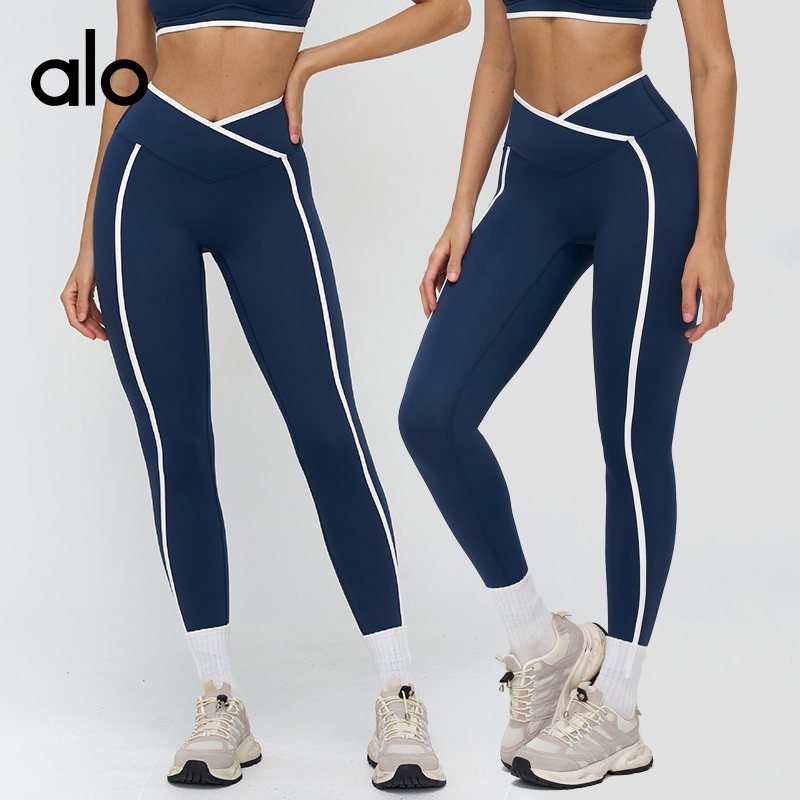Alo leggings yoga navy blue and red with white trim