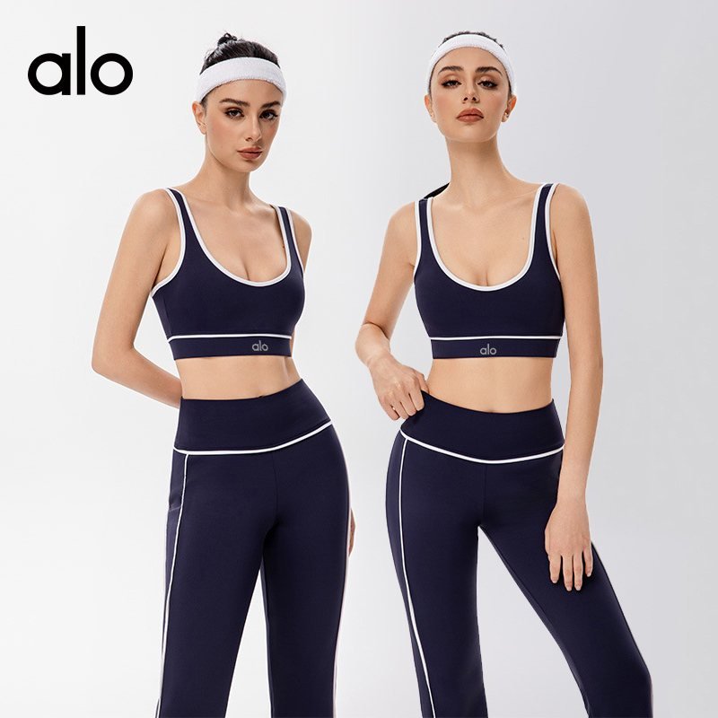 Alo sports bra yoga navy with white trim