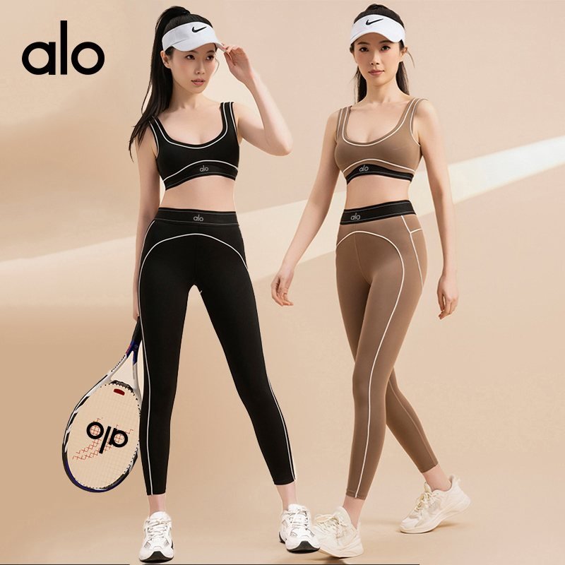 Alo sports bra training black with white piping yoga