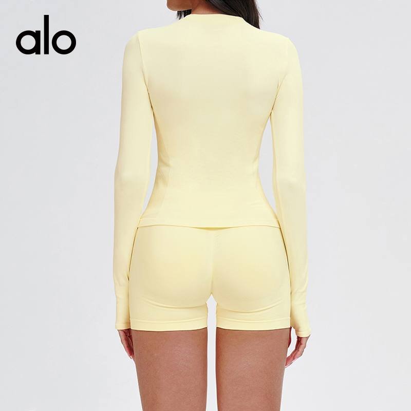Alo long sleeve studio blue-gray and pale yellow yoga