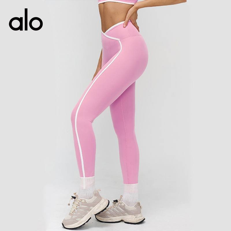 Alo leggings yoga navy blue and red with white trim
