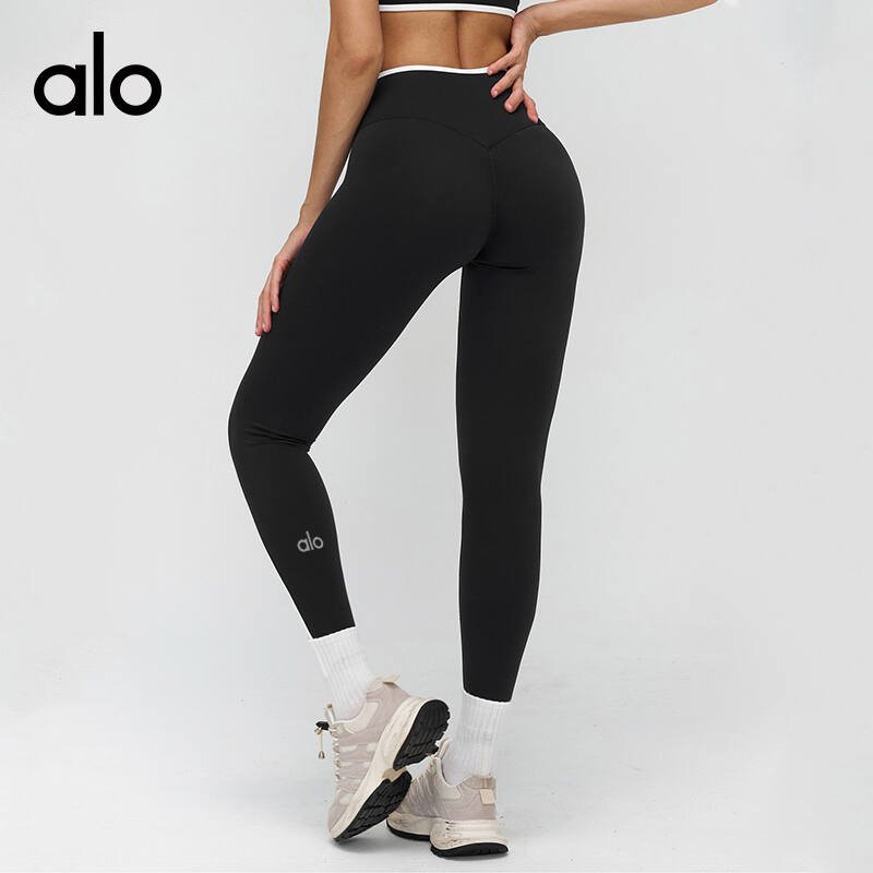 Alo leggings yoga navy blue and red with white trim