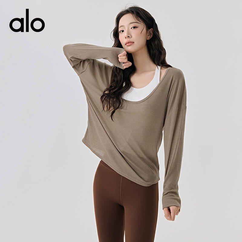 Alo long sleeve yoga light blue and taupe