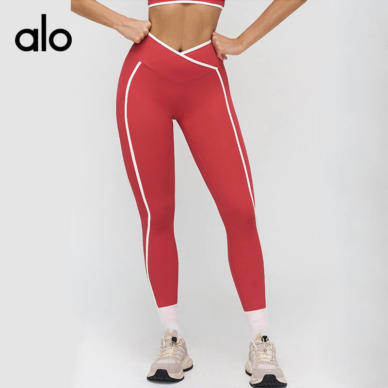 Alo leggings yoga navy blue and red with white trim