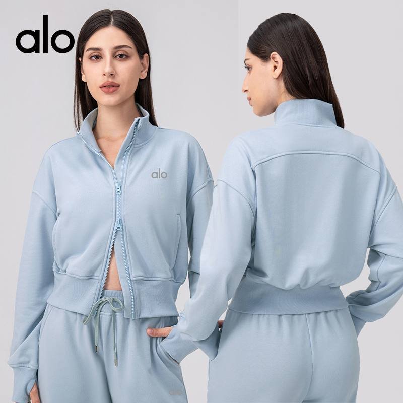 Alo jacket lounge light blue and light heather gray yoga