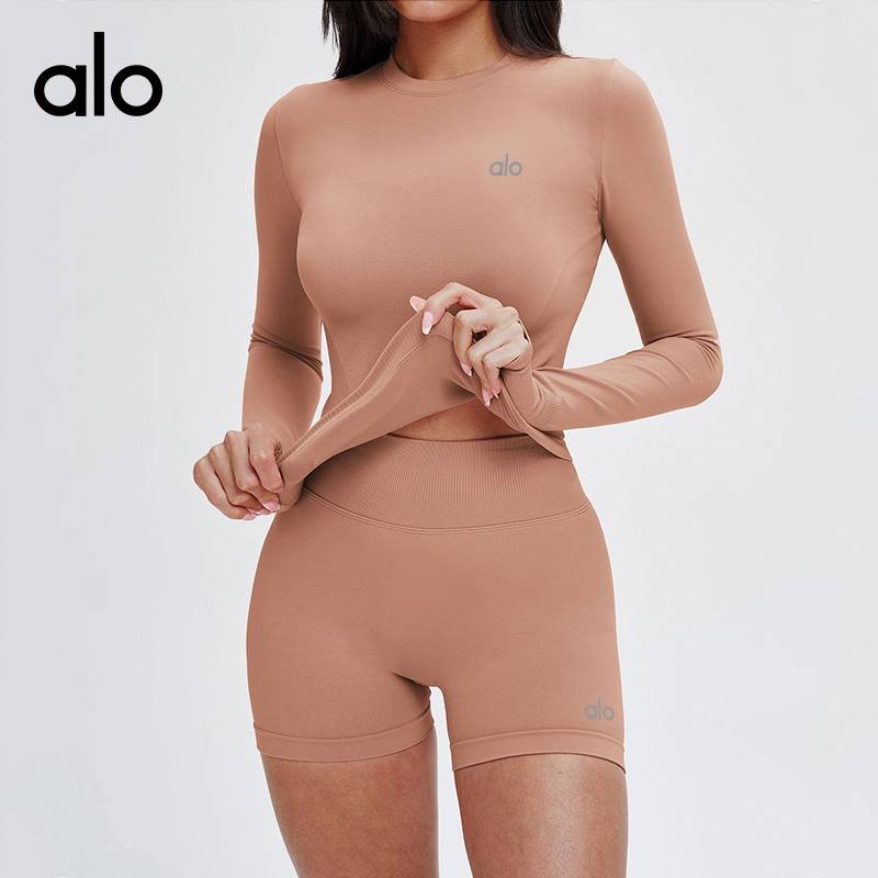 Alo long sleeve studio blue-gray and pale yellow yoga