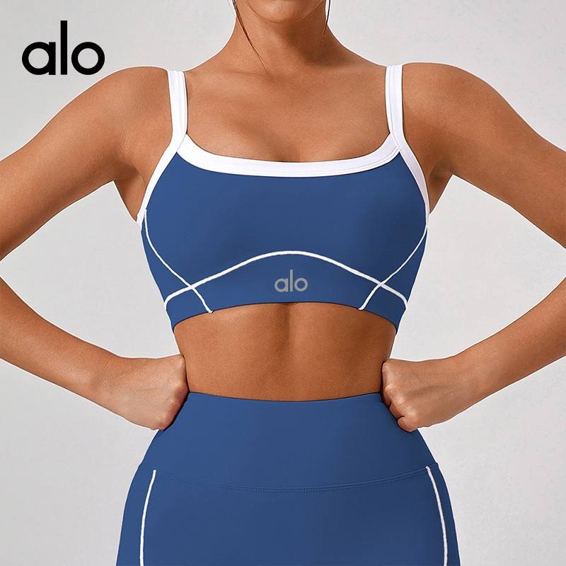 Alo sports bra studio light blue pink and heather gray yoga